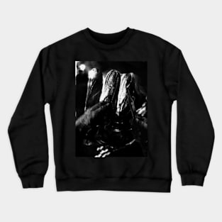 Digital collage, special processing. Unknown fields. Person holding two spikes near mystic alien like construction. Grayscale. Crewneck Sweatshirt